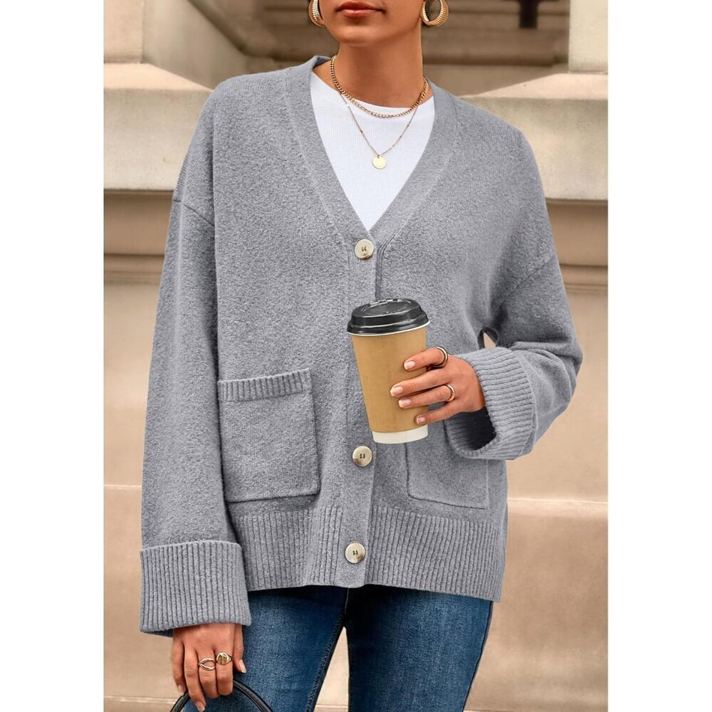 Women's Chunky Knit Oversized Cardigan V Neck Button Fall Winter - Picture 2 of 8